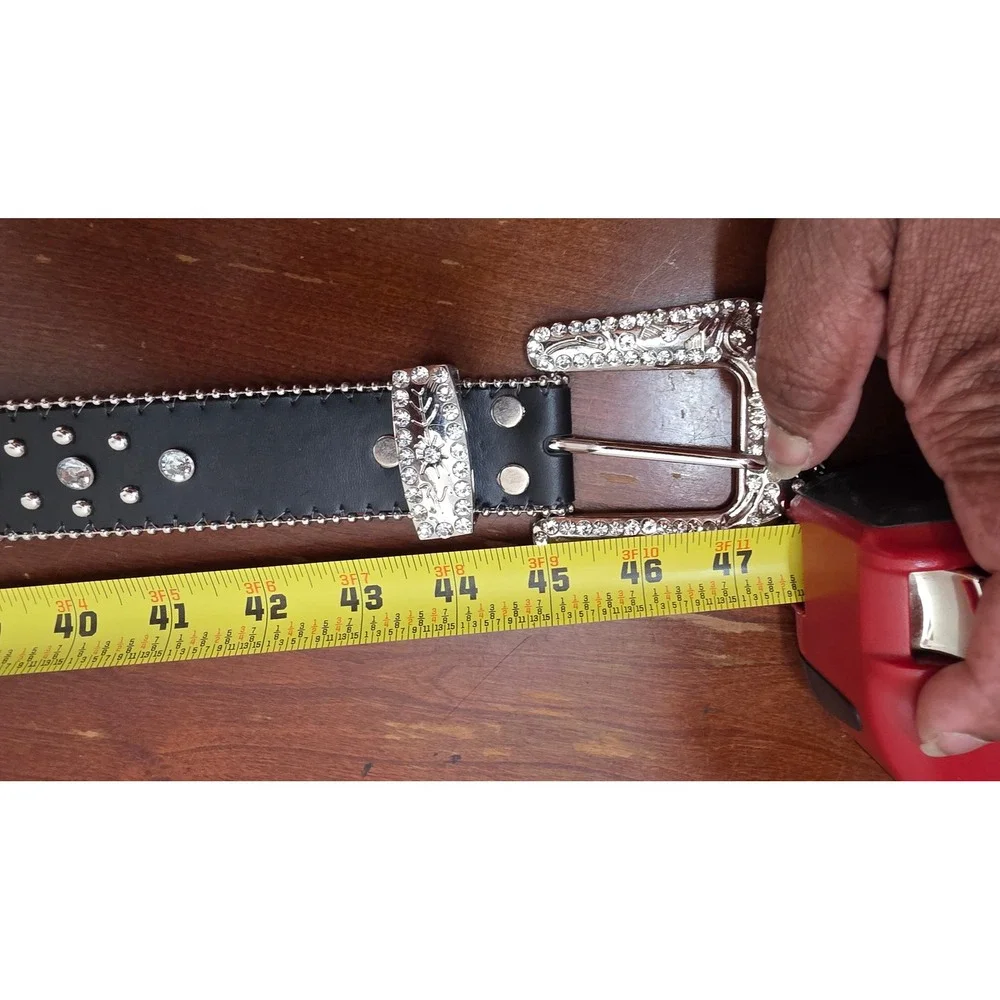 Unbranded Western Rhinestone Cross Belt Black Silver Studded Y2K Large XL 46in
